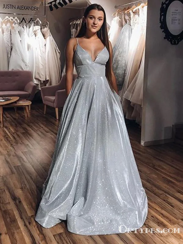 A-line V-neck Spaghetti Straps Long Sparkle Silver Sequin Long Cheap Prom Dresses with Pockets, PDS0034 A-line V-neck Spaghetti Straps Long Sparkle Silver Sequin Long Cheap Prom Dresses with Pockets, PDS0034