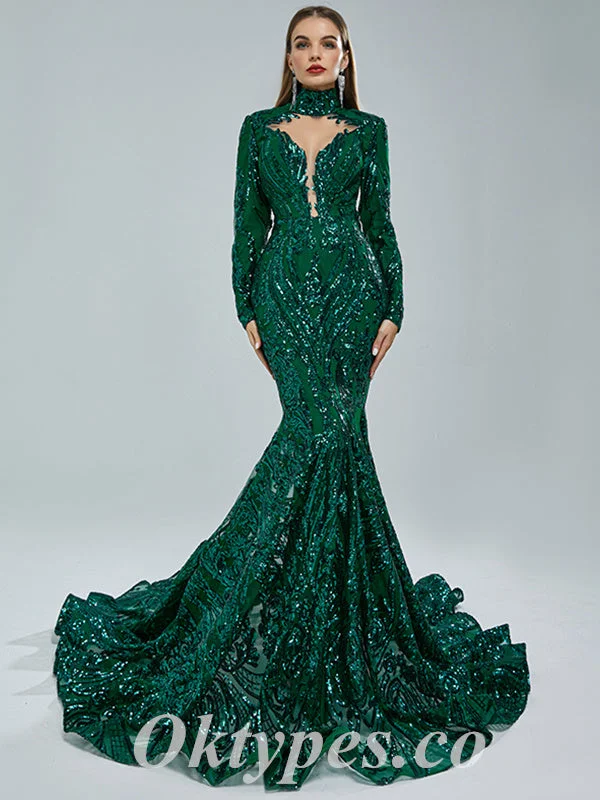 Elegant Dark Green Special Fabric Long Sleeve High Neck Mermaid Long Prom Dresses,PDS0459 Elegant Dark Green Special Fabric Long Sleeve High Neck Mermaid Long Prom Dresses,PDS0459
