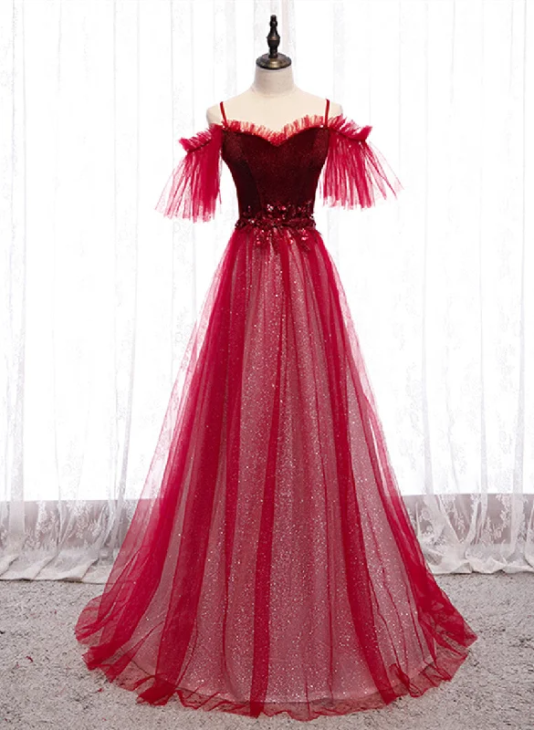 Red A-line Floor Length Off Shoulder Long Prom Dress, Red Long Evening Dress