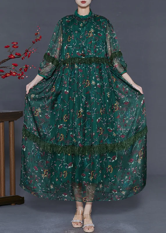Style Tea Green Print Chiffon Ankle Dress Bracelet Sleeve
