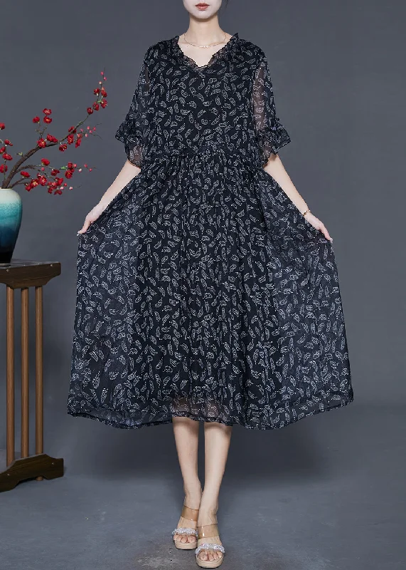 Women Black Cinched Print Chiffon Long Dresses Summer