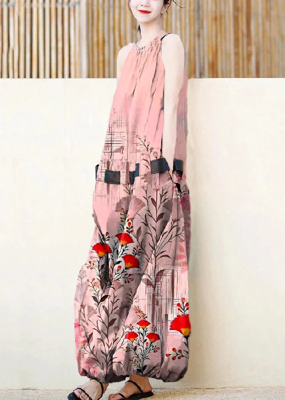 French Pink flowers Pockets Patchwork Cotton Dress Sleeveless