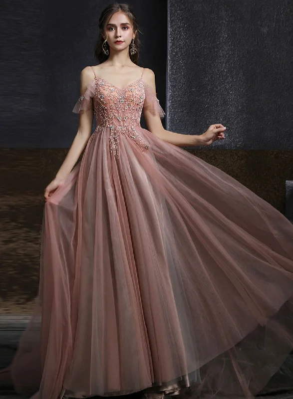 Pink Sweetheart Straps Beaded Long Formal Dress, Pink Tulle A-line V Back Evening Dress Prom Dress Pink Sweetheart Straps Beaded Long Formal Dress, Pink Tulle A-line V Back Evening Dress Prom Dress