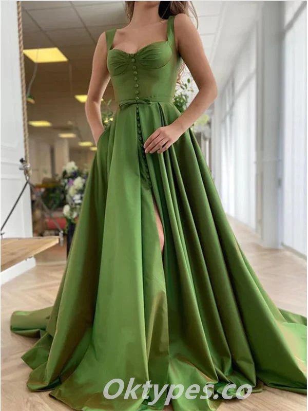 Elegant Satin Spaghetti Straps A-Line Long Prom Dresses/Graduation Dresses With Split,PDS0441 Elegant Satin Spaghetti Straps A-Line Long Prom Dresses/Graduation Dresses With Split,PDS0441