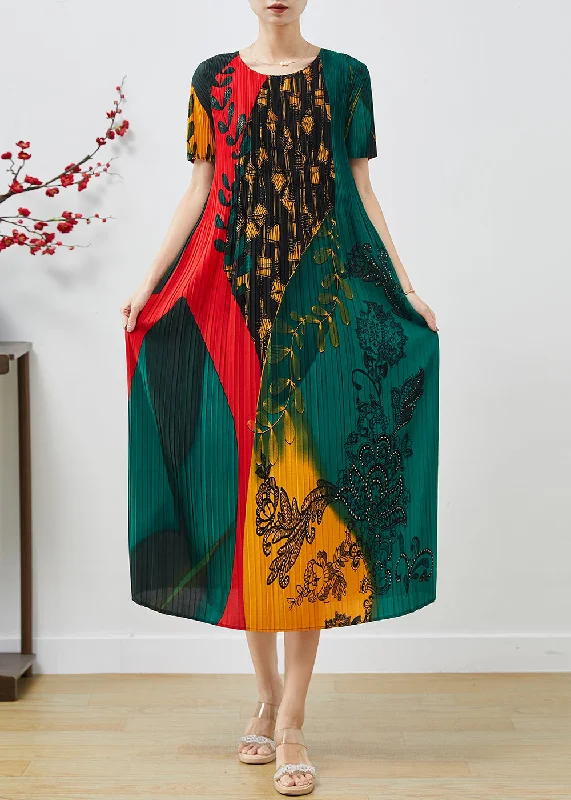 Green Print Chiffon Vacation Dresses Wrinkled Summer