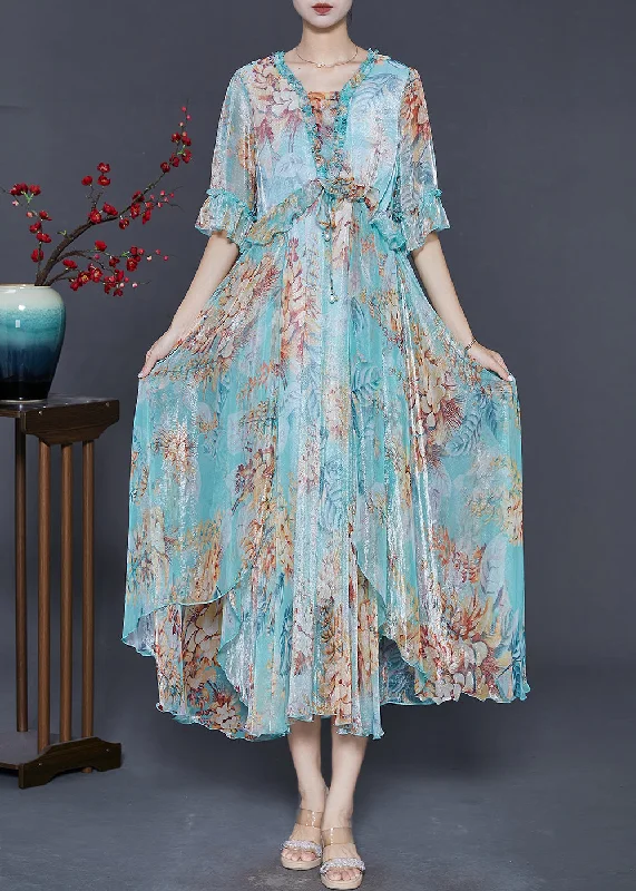 Fashion Blue Ruffled Print Silk Ankle Dress Summer