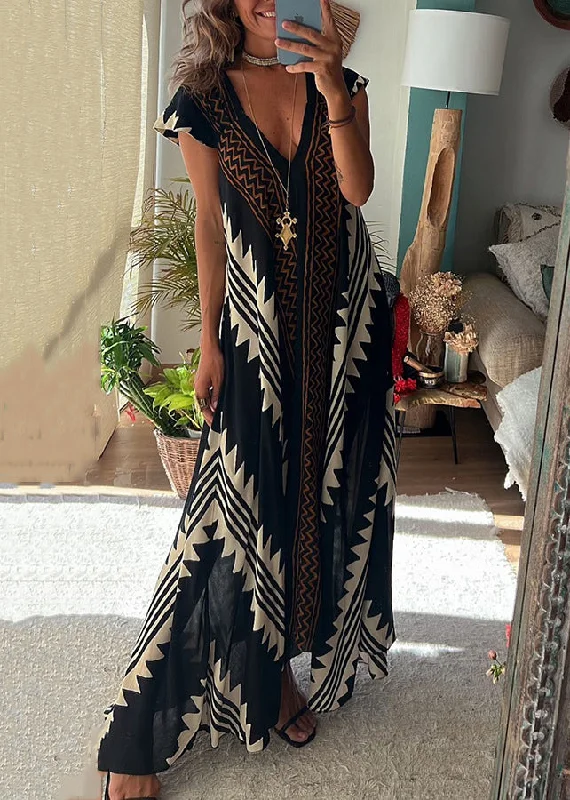 French Black V Neck Patchwork Chiffon Dress Summer