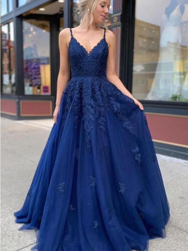 Charming Royal Blue Spaghetti Strap Lace Tulle Backless Side Slit A-line Long Cheap Prom Dresses, PDS0083 Charming Royal Blue Spaghetti Strap Lace Tulle Backless Side Slit A-line Long Cheap Prom Dresses, PDS0083