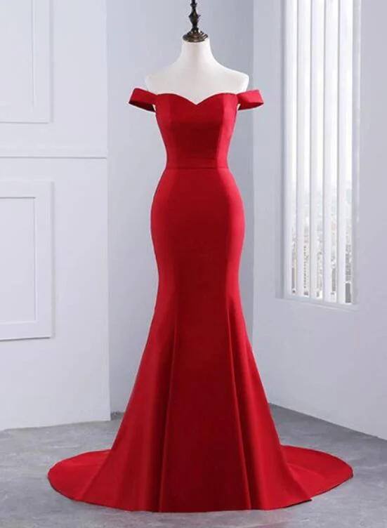 Red Off The Shoulder Sweetheart Mermaid Long Prom Dress With Sweep Train, Red Evening Dress Red Off The Shoulder Sweetheart Mermaid Long Prom Dress With Sweep Train, Red Evening Dress