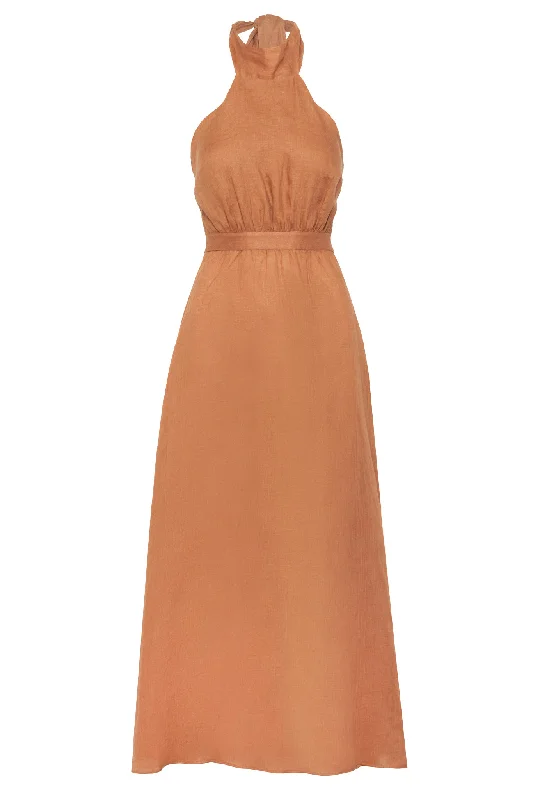 Magdalena Linen Halter Dress / Salmon