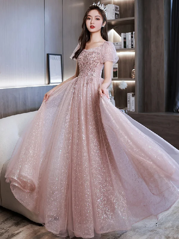 Shiny Tulle Pink Short Sleeves Sweetheart Prom Dress, A-line Pink Tulle Evening Dress Shiny Tulle Pink Short Sleeves Sweetheart Prom Dress, A-line Pink Tulle Evening Dress