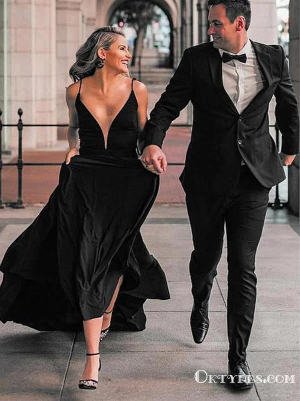 Charming Elegant Sexy V-neck Black Jersey Spaghetti Straps Long Cheap A-line Evening Prom Dresses, PDS0045 Charming Elegant Sexy V-neck Black Jersey Spaghetti Straps Long Cheap A-line Evening Prom Dresses, PDS0045