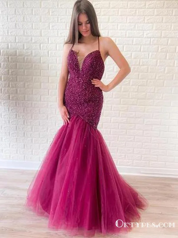 Elegant Spaghetti Straps Purple Tulle Mermaid Sexy Backless Beading Long Cheap Charming Prom Dresses, PDS0043 Elegant Spaghetti Straps Purple Tulle Mermaid Sexy Backless Beading Long Cheap Charming Prom Dresses, PDS0043