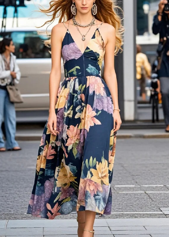 Art Navy Print Exra Large Hem Chiffon Cami Dresses Summer