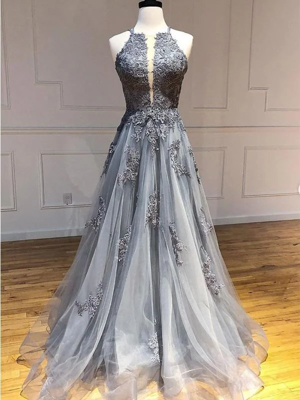 Elegant Halter Sleeveless Grey Organza Lace Appliqued A-line Long Cheap Backless Prom Dresses, PDS0081 Elegant Halter Sleeveless Grey Organza Lace Appliqued A-line Long Cheap Backless Prom Dresses, PDS0081