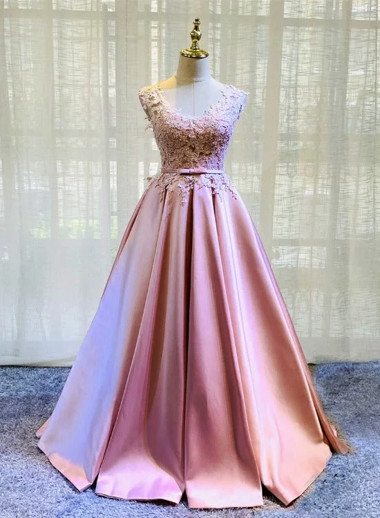 Pink Lace and Satin Floor Length Junior Prom Dress, Long Evening Dress Graduation Dress Pink Lace and Satin Floor Length Junior Prom Dress, Long Evening Dress Graduation Dress