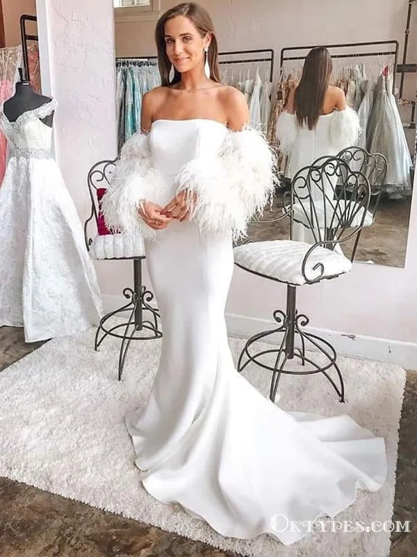 Eleagnt Off-The-Shoulder Long Sleeves Feathers Open Back Strapless White Sexy Mermaid Prom Dresses, PDS0049 Eleagnt Off-The-Shoulder Long Sleeves Feathers Open Back Strapless White Sexy Mermaid Prom Dresses, PDS0049