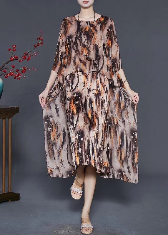 Vintage Khaki Oversized Print Chiffon Vacation Dresses Summer