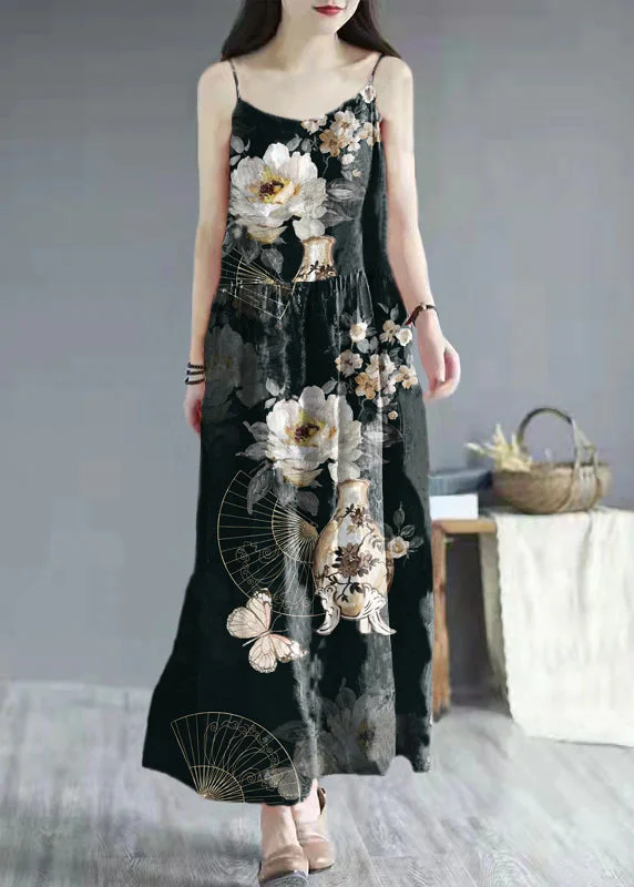 French Black Flowers print cotton clothes Spaghetti Strap Dresses summer Dresses