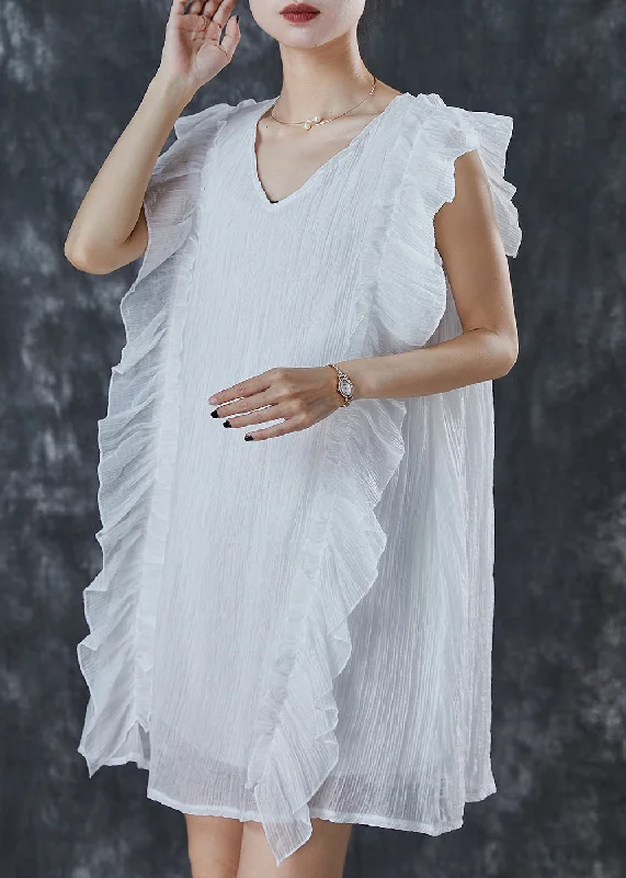 Women White Ruffles Patchwork Chiffon Work Dress Summer