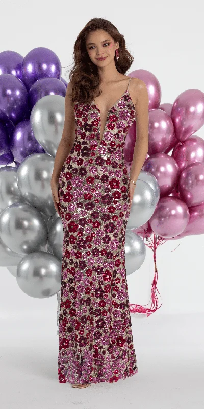 Sequin Daisy Illusion Plunge Column Dress