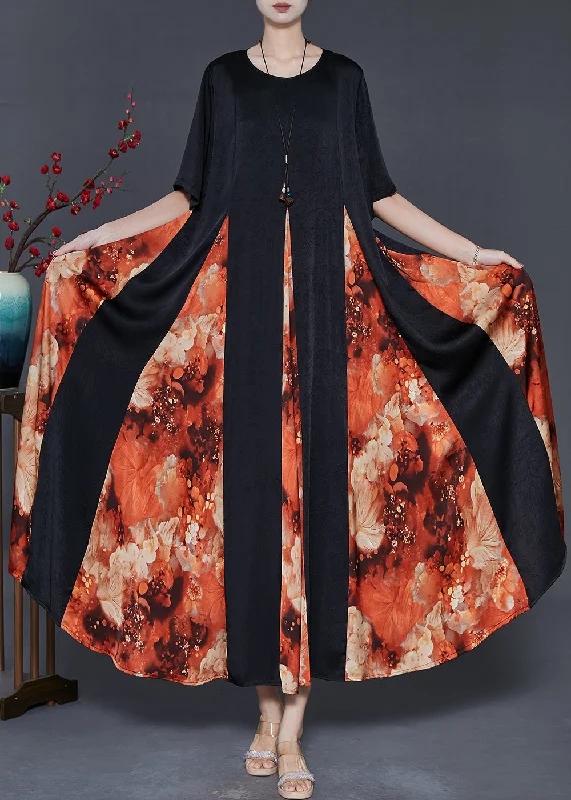 Orange Patchwork Silk Ankle Dress Exra Large Hem Summer