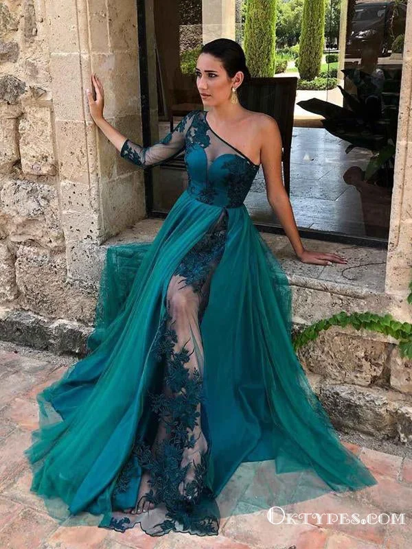 Emerald Green One Shoulder Sexy See Through Lace Appliques Long Sleeve A-line Long Prom Dresses, PDS0050 Emerald Green One Shoulder Sexy See Through Lace Appliques Long Sleeve A-line Long Prom Dresses, PDS0050