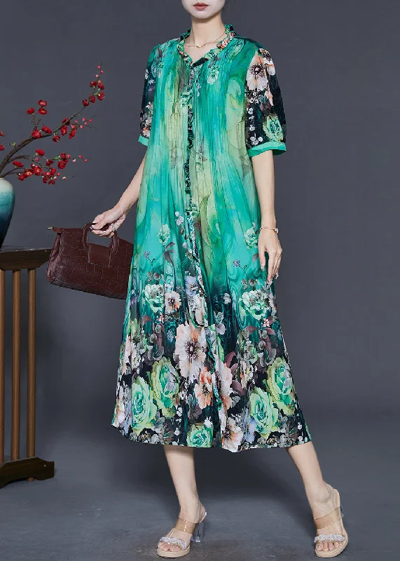 Green Print Silk Dress Ruffled Wrinkled Summer