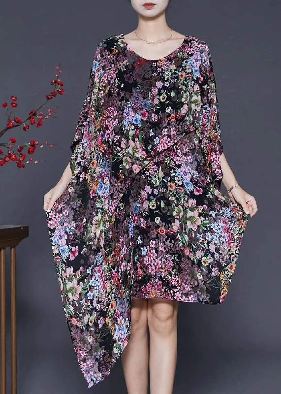 Black Floral Print Chiffon Dress Asymmetrical Design Summer