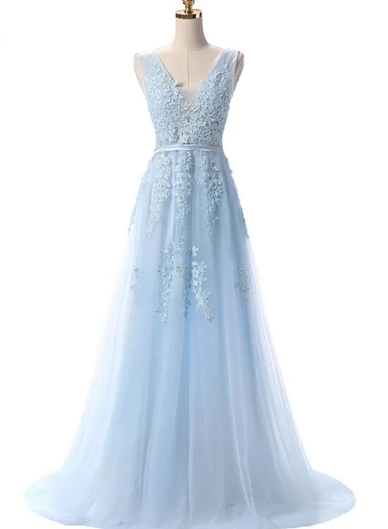Light Blue V-neckline Long Lace Applique Prom Dress, Tulle Formal Dress Evening Dress Light Blue V-neckline Long Lace Applique Prom Dress, Tulle Formal Dress Evening Dress