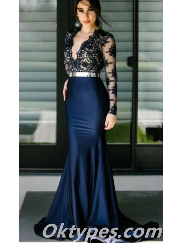 Elegant Top Lace Bottom Satin Long Sleeves V-Neck Mermaid Long Floor Length Prom Dresses ,PDS0366 Elegant Top Lace Bottom Satin Long Sleeves V-Neck Mermaid Long Floor Length Prom Dresses ,PDS0366