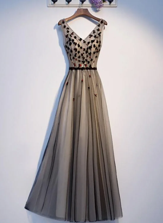 Lovely V-neckline Tulle Beaded Black and Champagne Prom Dress, Tulle Evening Dresses