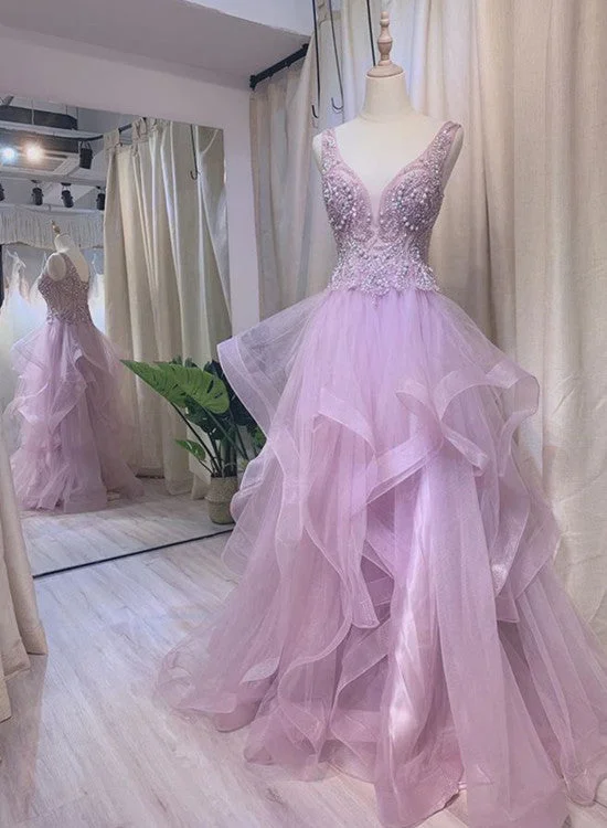 Light Purple Tulle Beaded Layers Floor Length Formal Gown, Long Purple Evening Dress Prom Dress