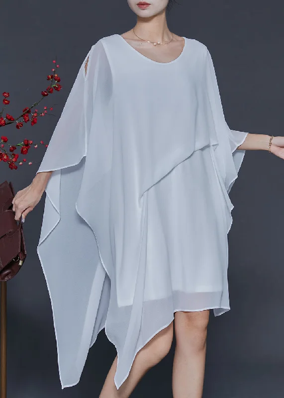 Simple White Asymmetrical Design Chiffon Mid Dress Summer