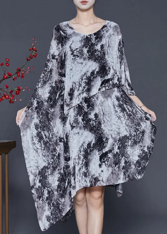 Ink Wash Painting Chiffon Holiday Dress Asymmetrical Design Summer
