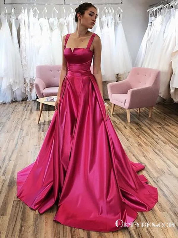 Newest Charming A-Line Double Straps Pink Satin Split Long Evening Prom Dresses with Pockets, PDS0039 Newest Charming A-Line Double Straps Pink Satin Split Long Evening Prom Dresses with Pockets, PDS0039