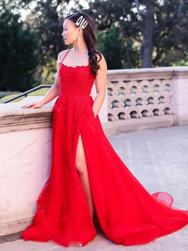 Charming Red Spaghetti Strap Lace Tulle Backless Side Slit A-line Long Cheap Prom Dresses, PDS0082 Charming Red Spaghetti Strap Lace Tulle Backless Side Slit A-line Long Cheap Prom Dresses, PDS0082
