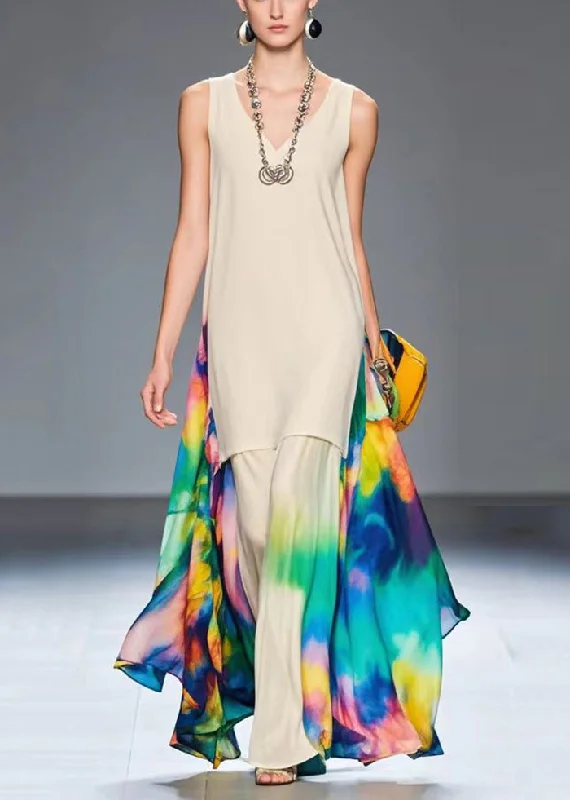 Chic Apricot Print Patchwork Chiffon Long Dresses Summer