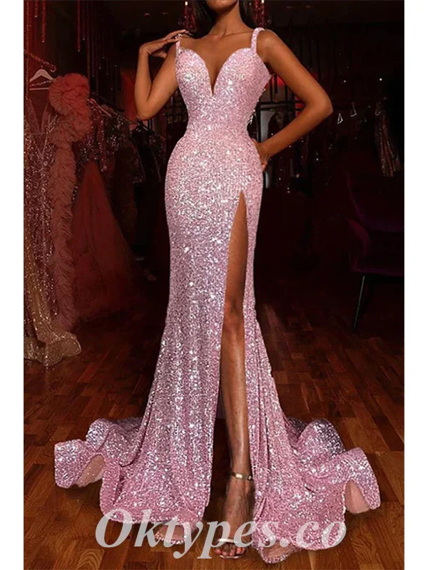 Sexy Pink Sequin Spaghetti Spraps V-Neck Side Slit Mermaid Long Prom Dresses,PDS0454 Sexy Pink Sequin Spaghetti Spraps V-Neck Side Slit Mermaid Long Prom Dresses,PDS0454