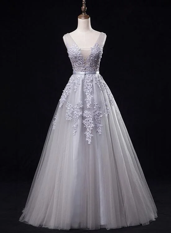 Grey Elegant Prom Dress 2018, Charming V-neckline Applique Evening Dress, Formal Dress Grey Elegant Prom Dress 2018, Charming V-neckline Applique Evening Dress, Formal Dress