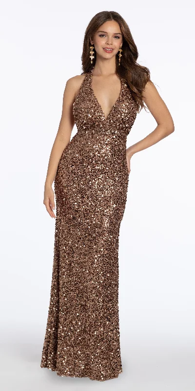 Sequin Halter Tie Back Column Dress