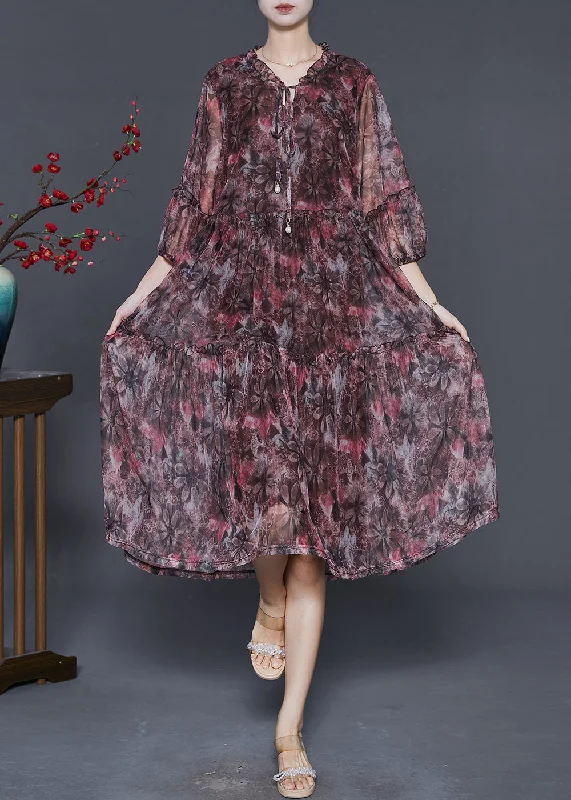 Chic Red Ruffled Print Chiffon Vacation Dresses Summer