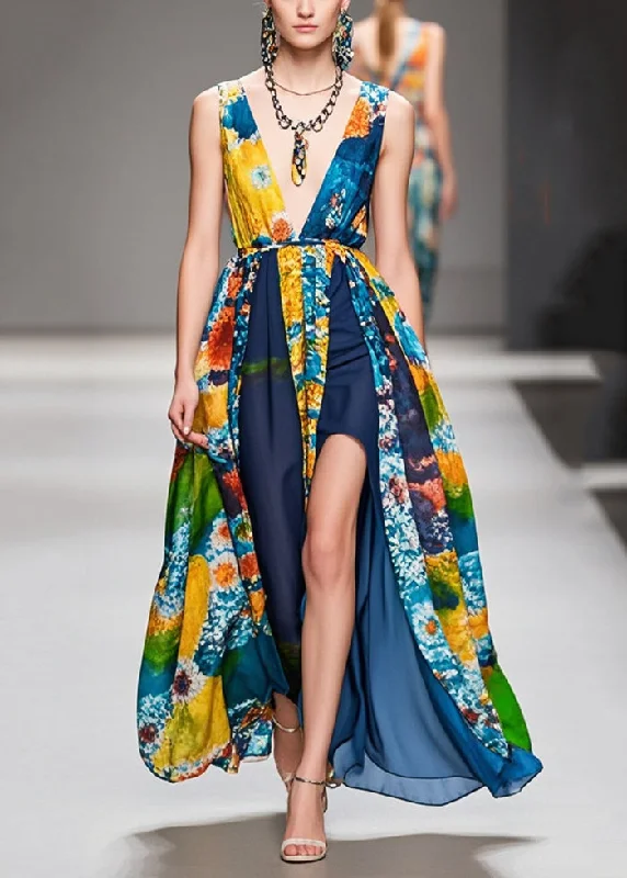 Modern Navy Side Open Patchwork Print Chiffon Dress Sleeveless