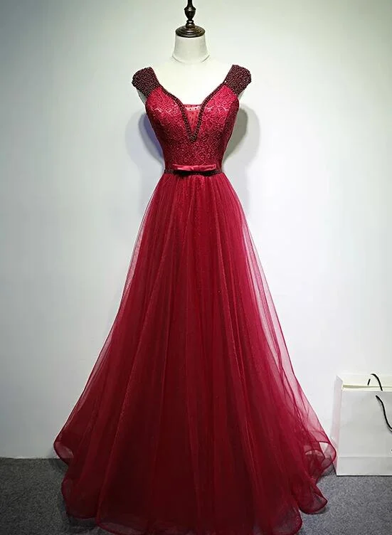 Wine Red Sexy V-neck Beaded Tulle Long Prom Dress, Dark Red Tulle With Applique Evening Dresses Wine Red Sexy V-neck Beaded Tulle Long Prom Dress, Dark Red Tulle With Applique Evening Dresses