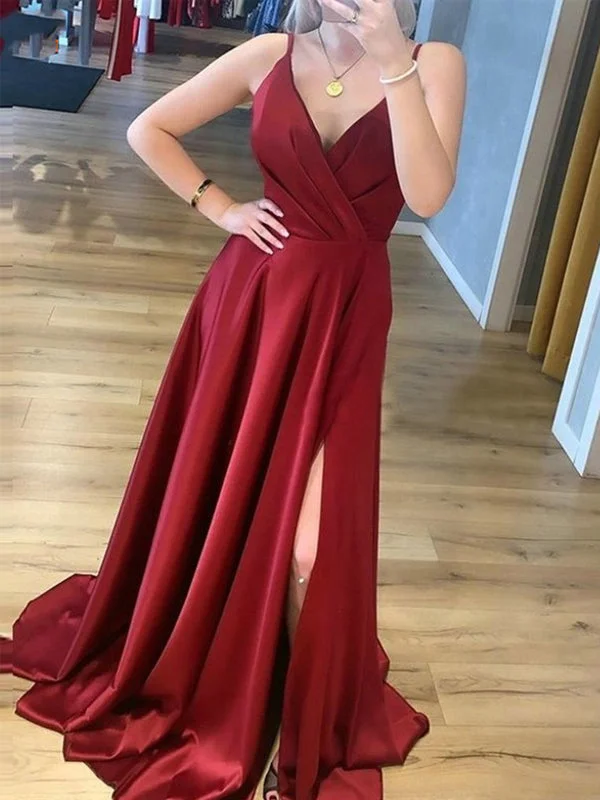 Charming A-line Simple Burgundy Satin V-neck Side Slit Long Cheap Evening Party Prom Dresses, PDS0032 Charming A-line Simple Burgundy Satin V-neck Side Slit Long Cheap Evening Party Prom Dresses, PDS0032