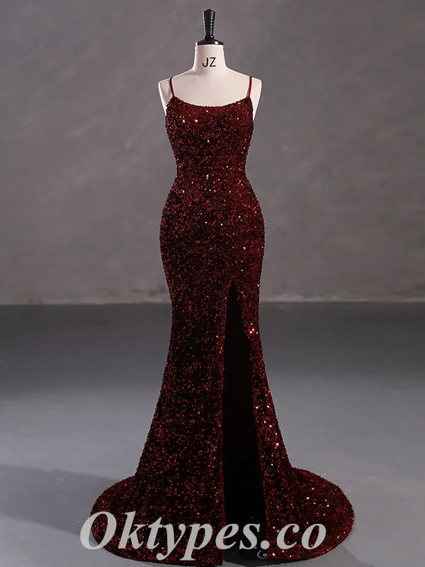 Elegant Sequin Spaghetti Straps Lace Up Back Side Slit Mermaid Long Prom Dresses,PDS0465 Elegant Sequin Spaghetti Straps Lace Up Back Side Slit Mermaid Long Prom Dresses,PDS0465