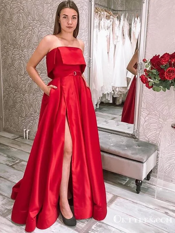 Charming Simple Red Satin Strapless Sleeveless A-line Long Cheap Side Slit Prom Dresses With Pockets, PDS0036 Charming Simple Red Satin Strapless Sleeveless A-line Long Cheap Side Slit Prom Dresses With Pockets, PDS0036