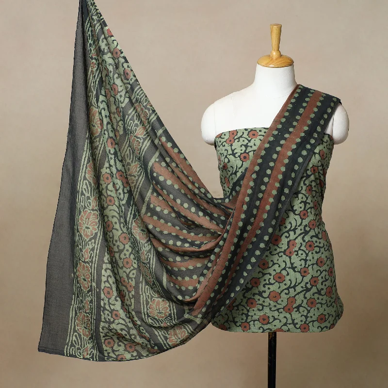 Green - 3pc Cotton Kutch Batik Print Dress Material 16