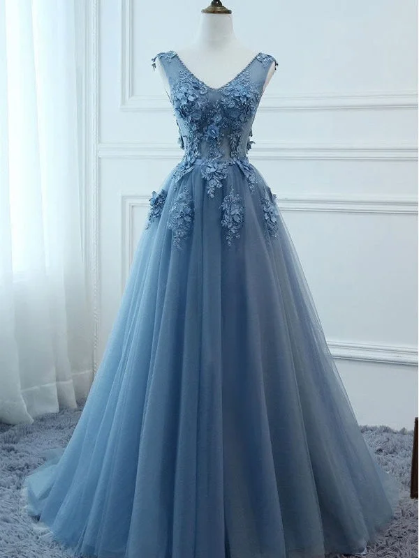 V Neck Dusty Blue Lace Beaded Long Evening Prom Dresses, Cheap Custom Party Prom Dresses, PDS0090 V Neck Dusty Blue Lace Beaded Long Evening Prom Dresses, Cheap Custom Party Prom Dresses, PDS0090