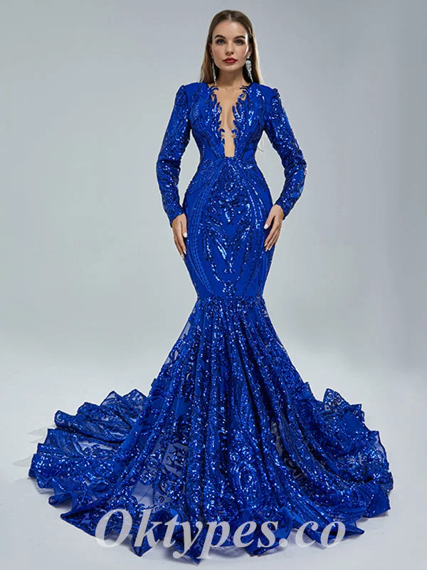 Elegant Royal Blue Special Fabric Long Sleeve V-Neck Mermaid Long Prom Dresses,PDS0460 Elegant Royal Blue Special Fabric Long Sleeve V-Neck Mermaid Long Prom Dresses,PDS0460